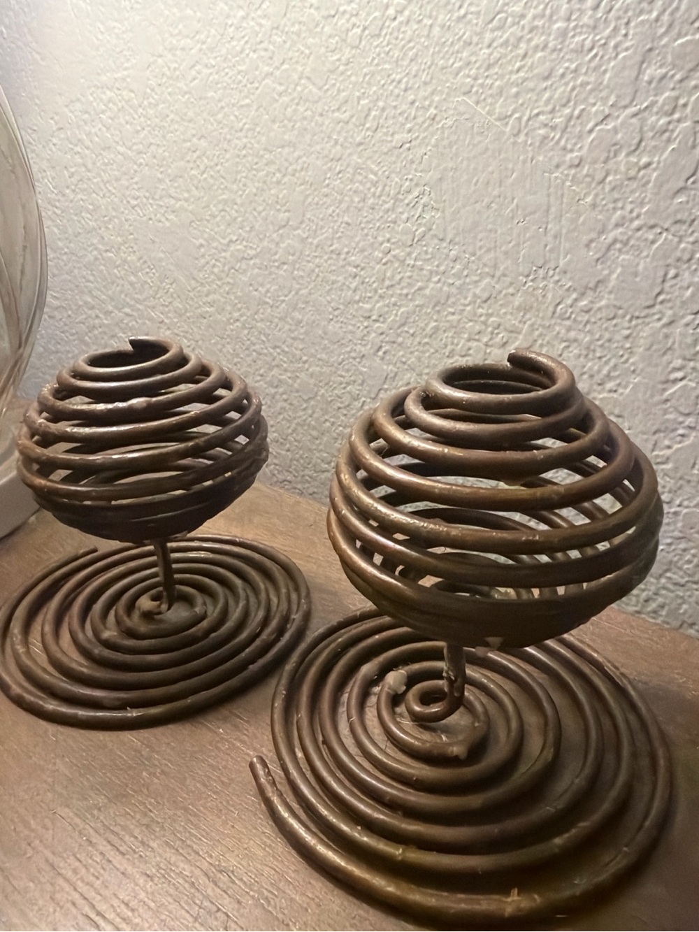 Vintage Brutalist Spiral Metal Orb Sculptures Set of 2 MCM Boho Industrial Decor